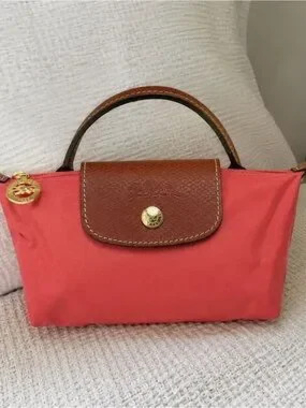Longchamp Small Top-Handle Mini Bag in Coral and Brown